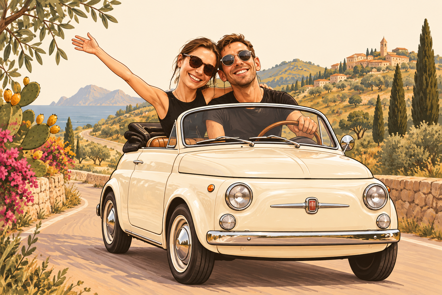 Cartoon of Giulia and Juan driving through the Sicilian countryside